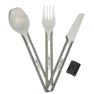 Set de couverts en titane, trois pièces, avec manchette en silicone